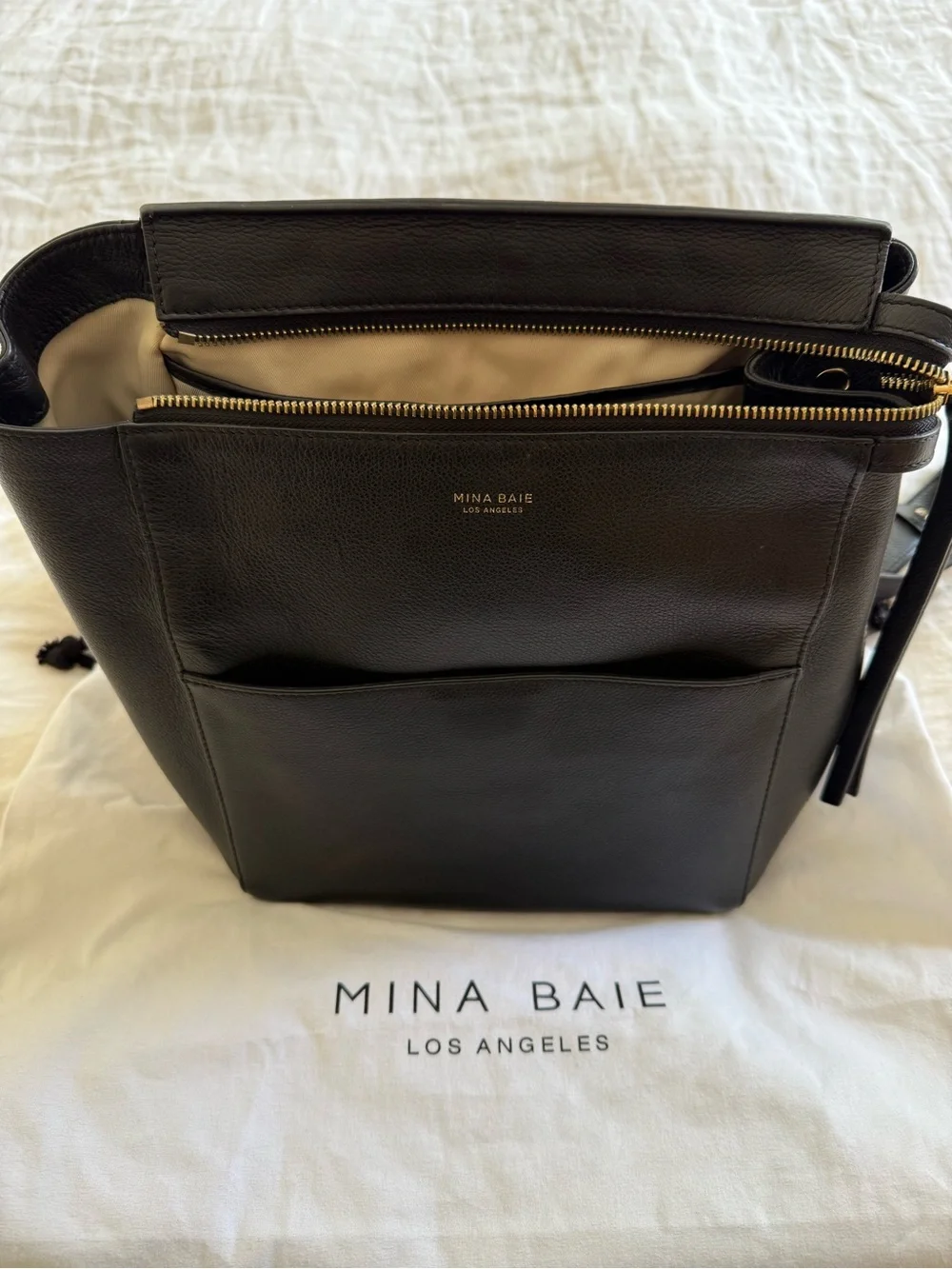 Mina Bae Black Leather Baby Bag backpack Harper-Sleek Everyday Organizer